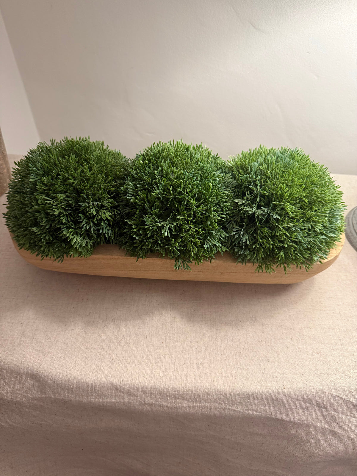 Wooden Dough Bowl with Faux Moss Ball Arrangement
